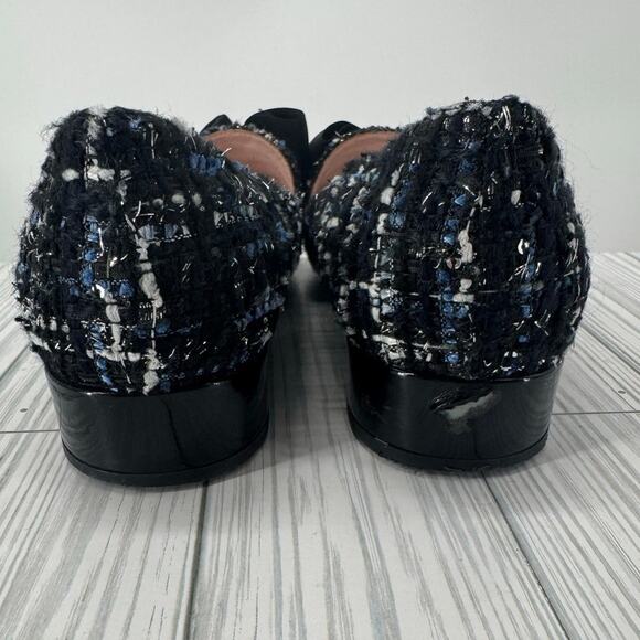 Kate Spade Blue Gino Tuxedo Tweed Loafer Heels Women’s 8M Black Bow Chunky Heel - Picture 7 of 10